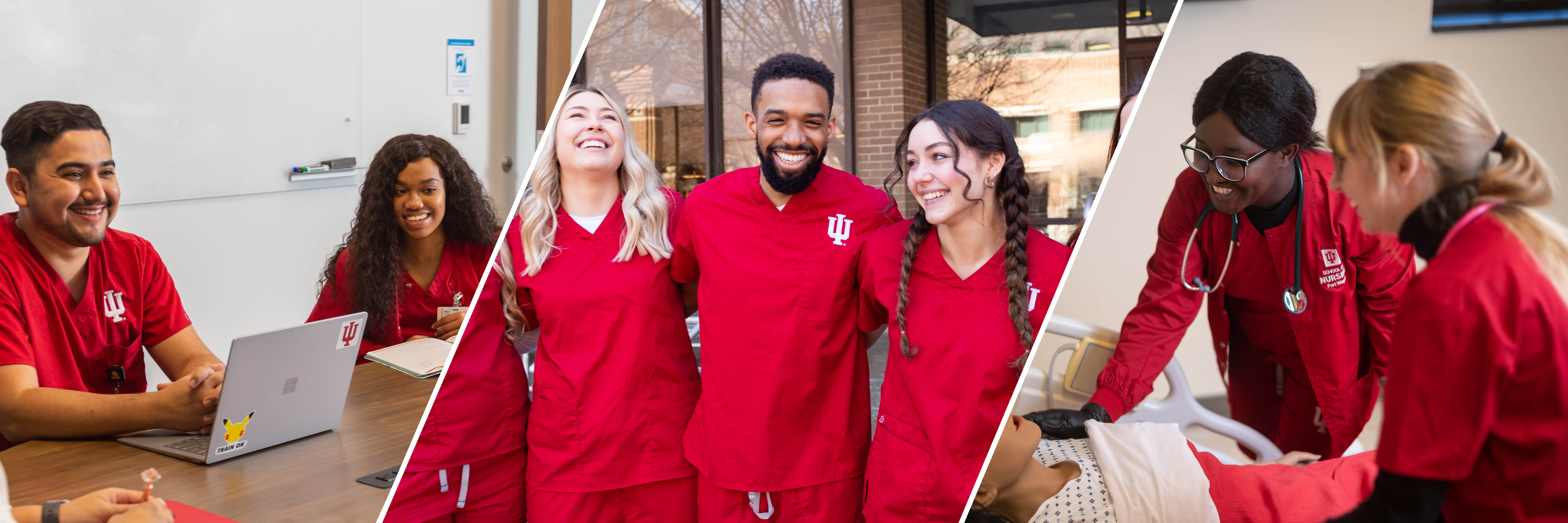 Three images features IU Bloomington, IUPUI, and IU Fort Wayne nursing students studying, smiling and working in a simulation center space